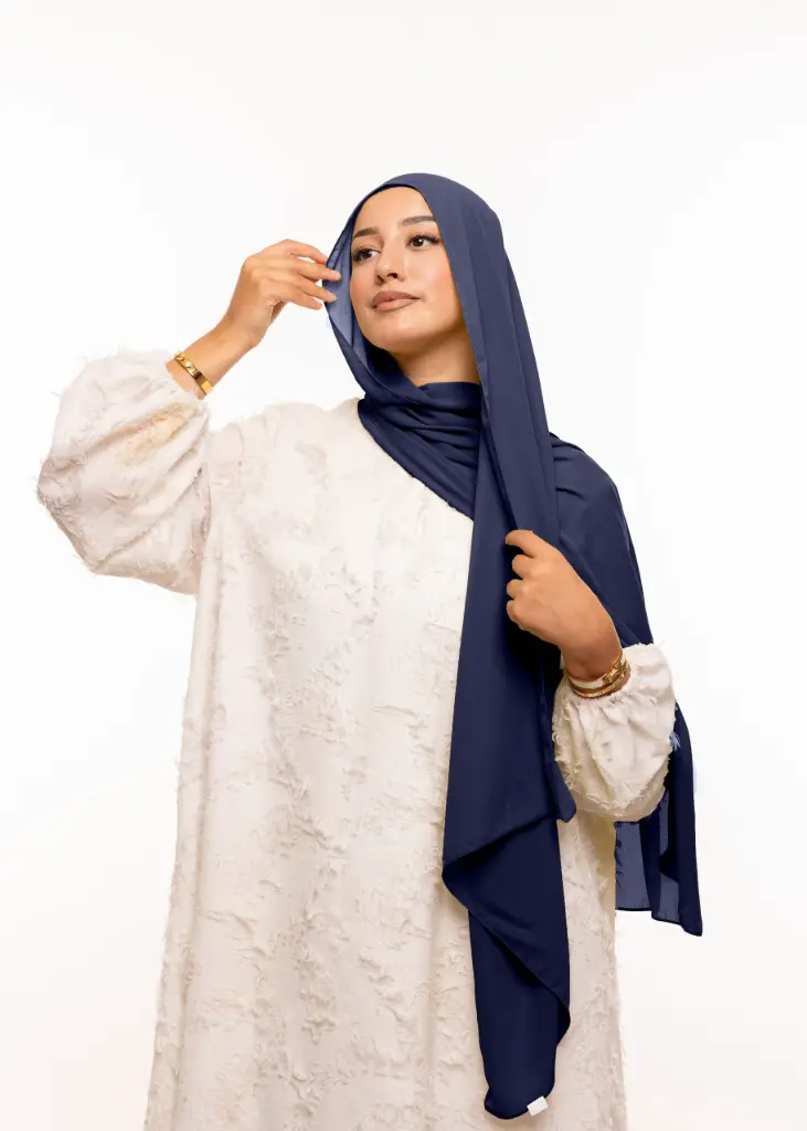[PN-19439] Crepe Shawl with Bonnet Tied at the Back - Dark Blue