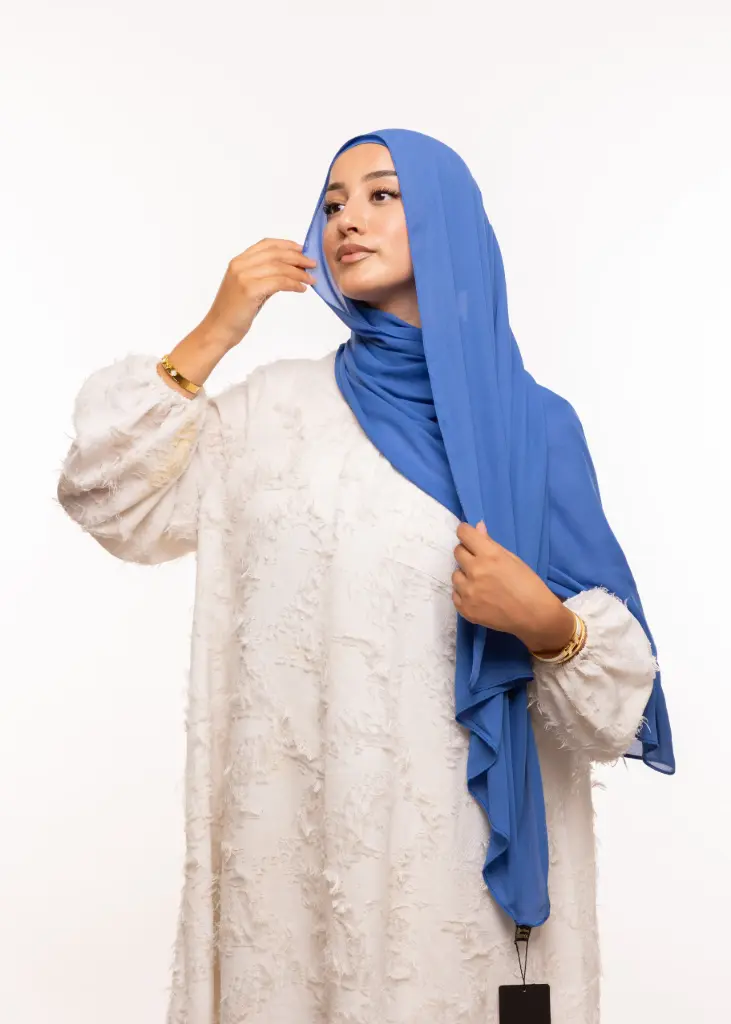 [PN-19492] Crepe Shawl with Bonnet Tied at the Back - Dark Denim Blue