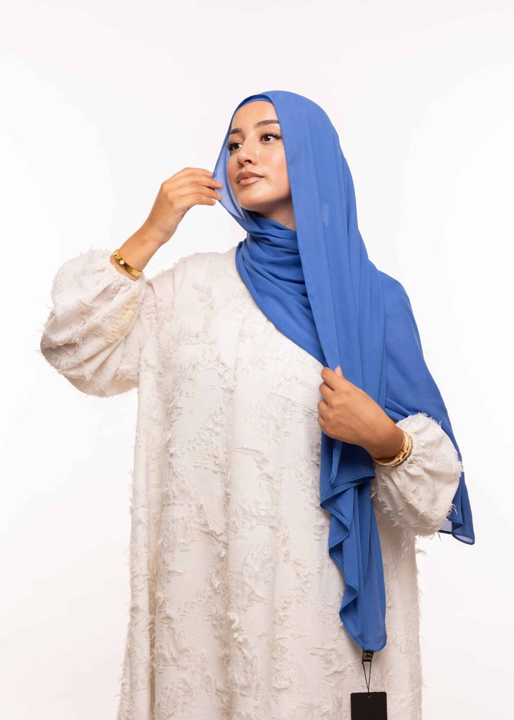 [PN-19492] Crepe Shawl with Bonnet Tied at the Back - Dark Denim Blue
