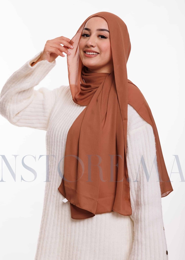 [PN-50771] Crepe Shawl with Bonnet Tied at the Back - Dark Caramel