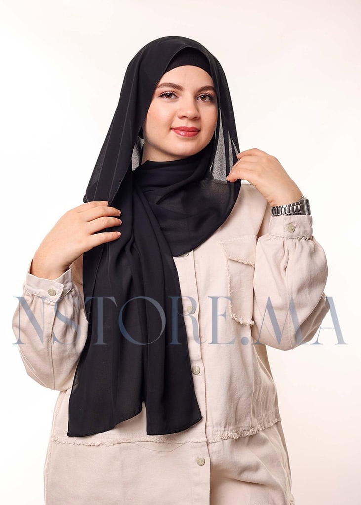 [PN-19582] Crepe Shawl with Bonnet Tied at the Back - Black