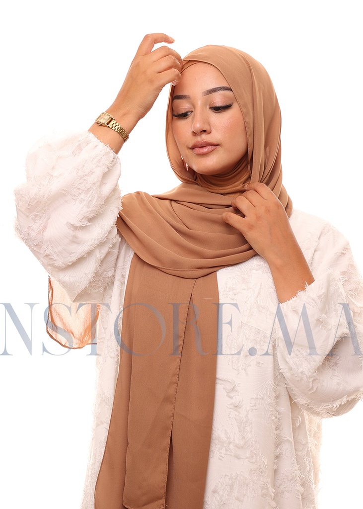 [PN-32072] شال كريب حريري بالبوني "النينجا" - بني