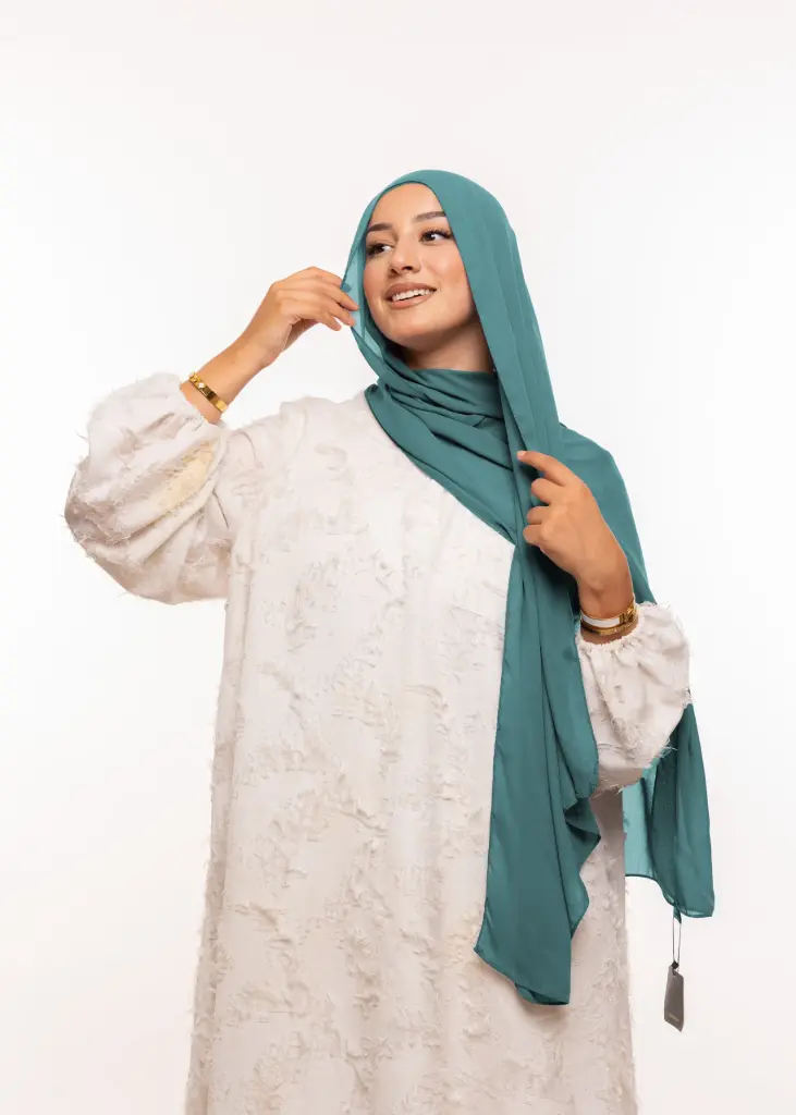 [PN-55066] Crepe Shawl with Bonnet Tied at the Back - Aqua Green