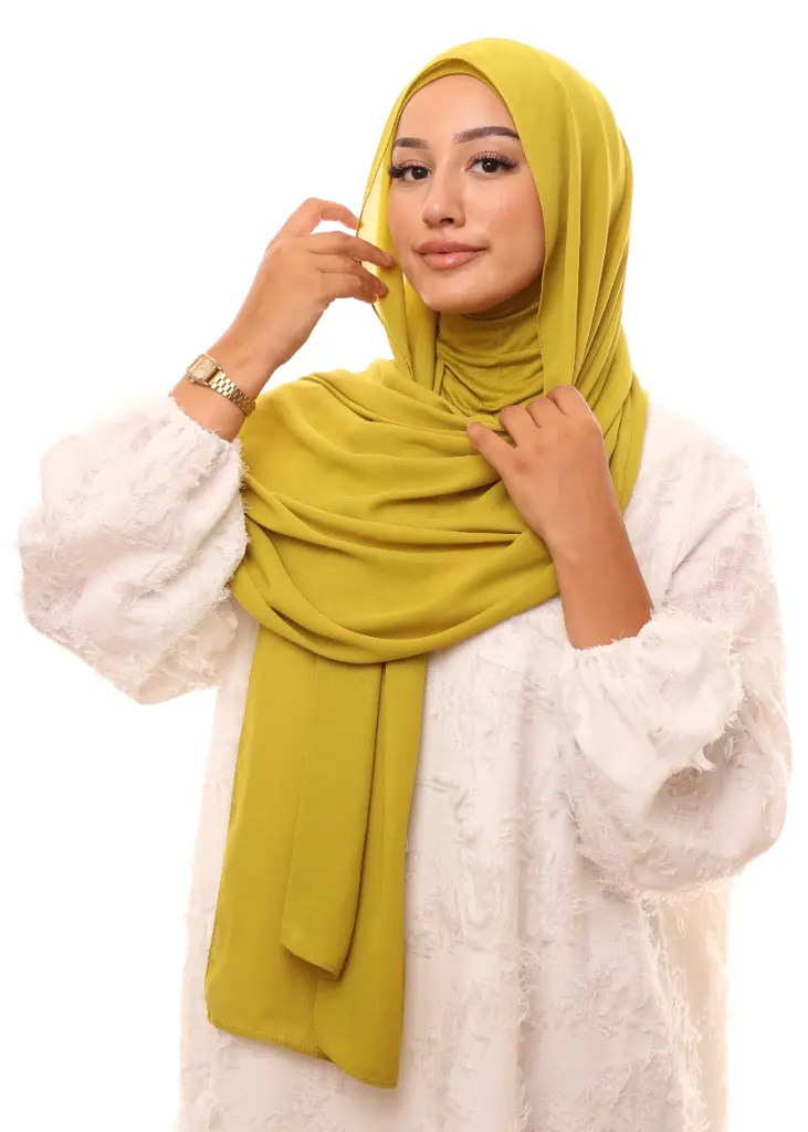 [PN-12480] Crepe Shawl with Integrated Bonnet Ninja - Mustard Green