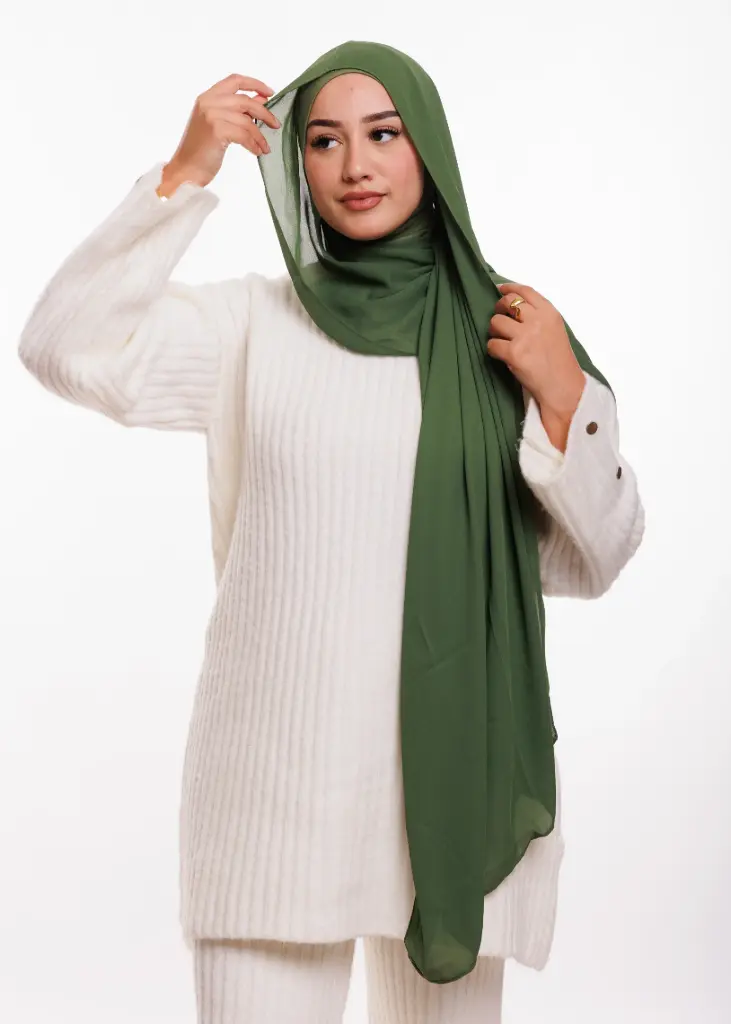 [PN-13143] Châle en Crêpe avec Bonnet Ninja - Vert Militaire