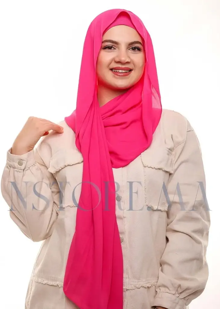 [PN-19467] Crepe Shawl with Bonnet Tied at the Back - Barbie Pink