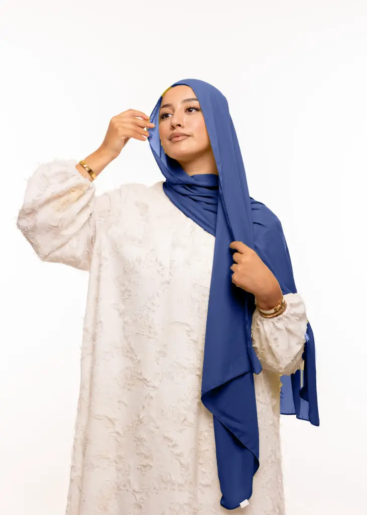 [PN-19469] Crepe Shawl with Bonnet Tied at the Back - Petrol Blue