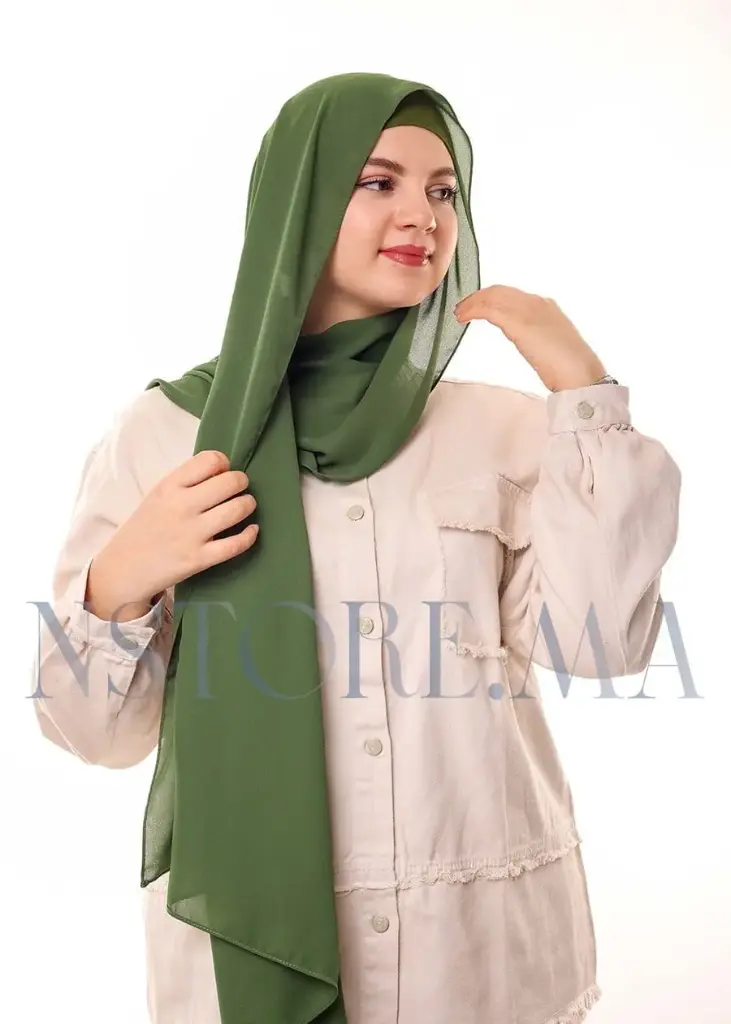 [PN-19475] Crepe Shawl with Bonnet Tied at the Back - Military Green