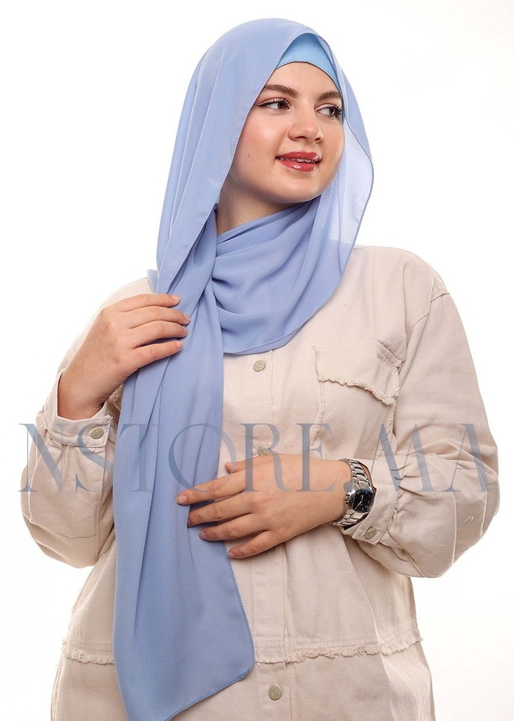 [PN-19490] Crepe Shawl with Bonnet Tied at the Back - Light Denim Blue