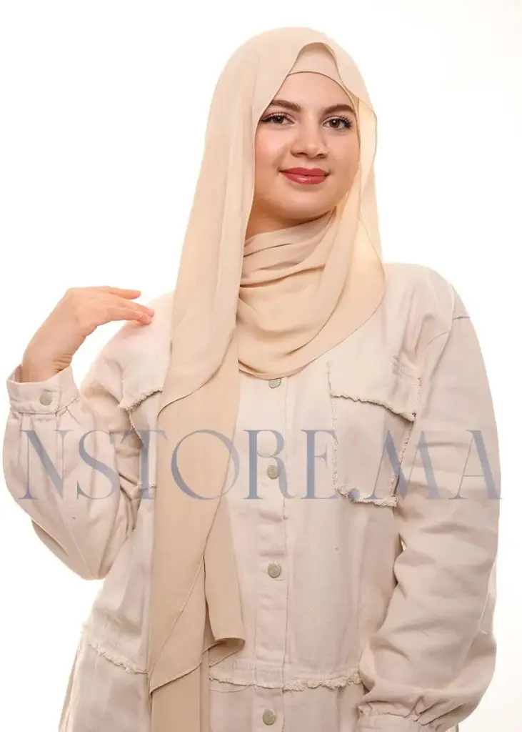 [PN-19510] Crepe Shawl with Bonnet Tied at the Back - Pink Beige