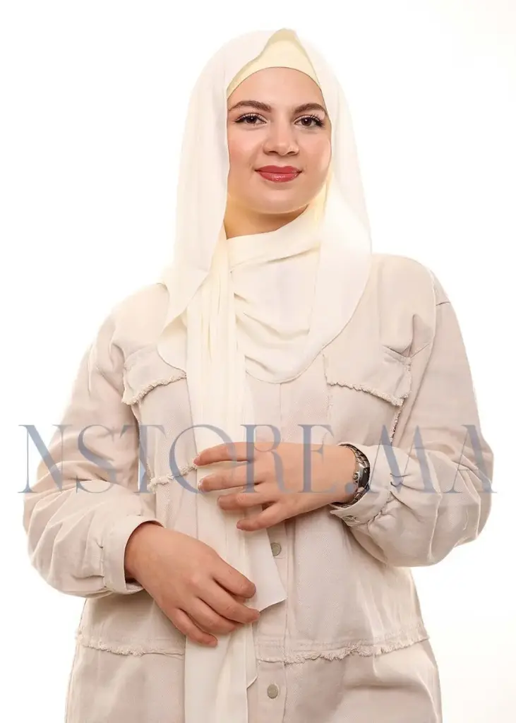 [PN-19558] Crepe Shawl with Bonnet Tied at the Back - Off White