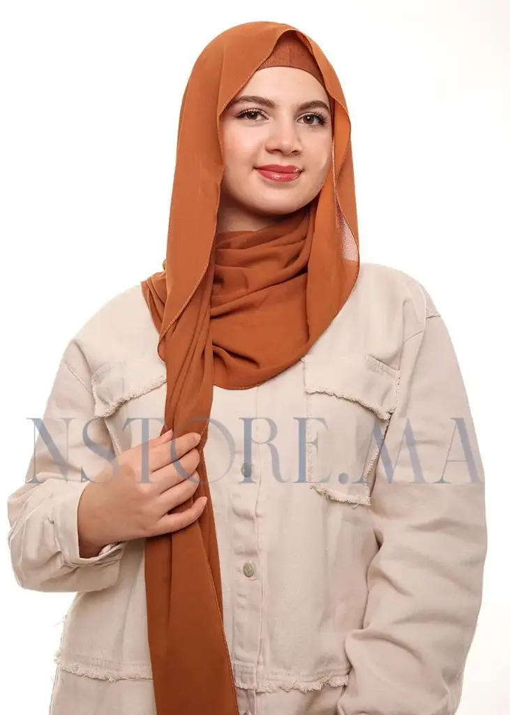 [PN-19560] Crepe Shawl with Bonnet Tied at the Back - Caramel Brown