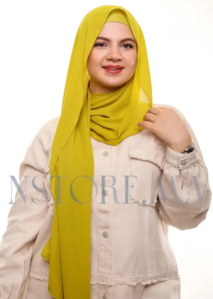 [PN-19566] Crepe Shawl with Bonnet Tied at the Back - Yellowish Green