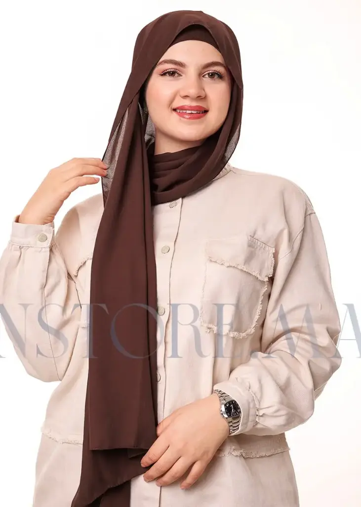 [PN-20864] Châle en crêpe avec bonnet attaché à l’arrière - Marron Foncé