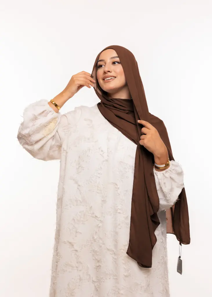 [PN-20864] Crepe Shawl with Bonnet Tied at the Back - Dark Brown