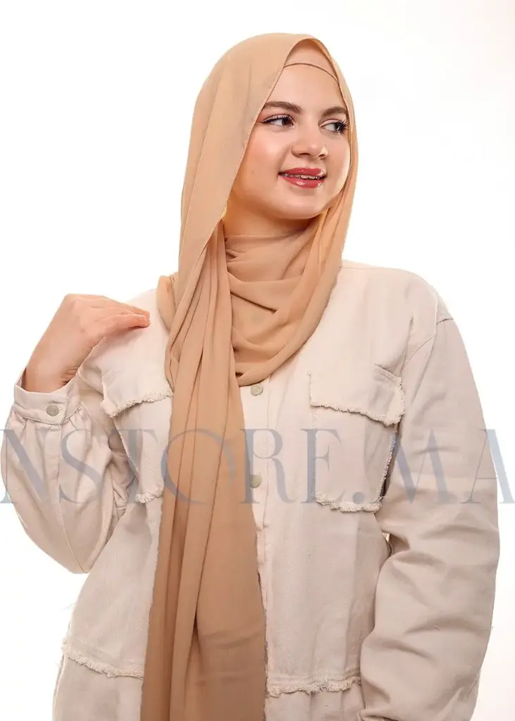 [PN-20871] Crepe Shawl with Bonnet Tied at the Back - Dark Beige
