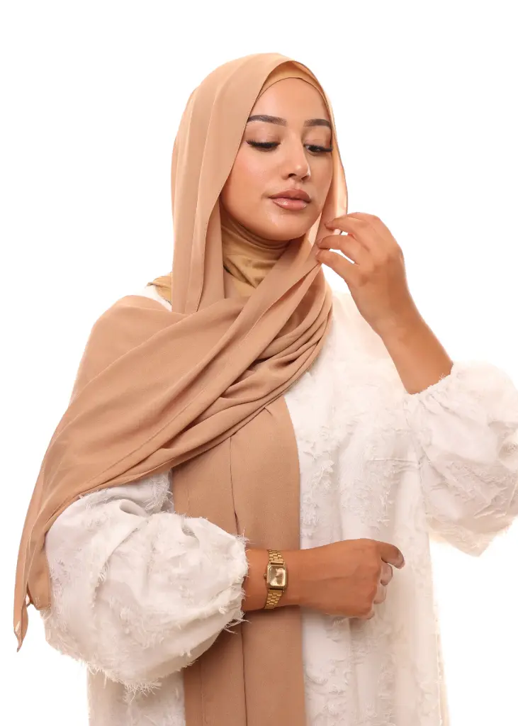 [PN-32069] Châle en Crêpe avec Bonnet Ninja - Beige Sablé