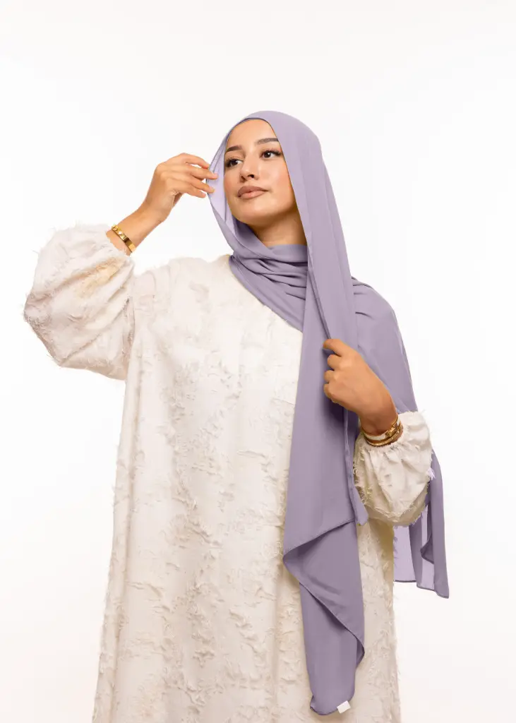 [PN-32079] Crepe Shawl with Bonnet Tied at the Back - Light Gray