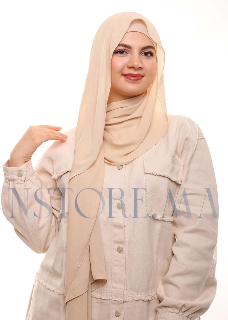Crepe Shawl with Bonnet Tied at the Back - Light Beige