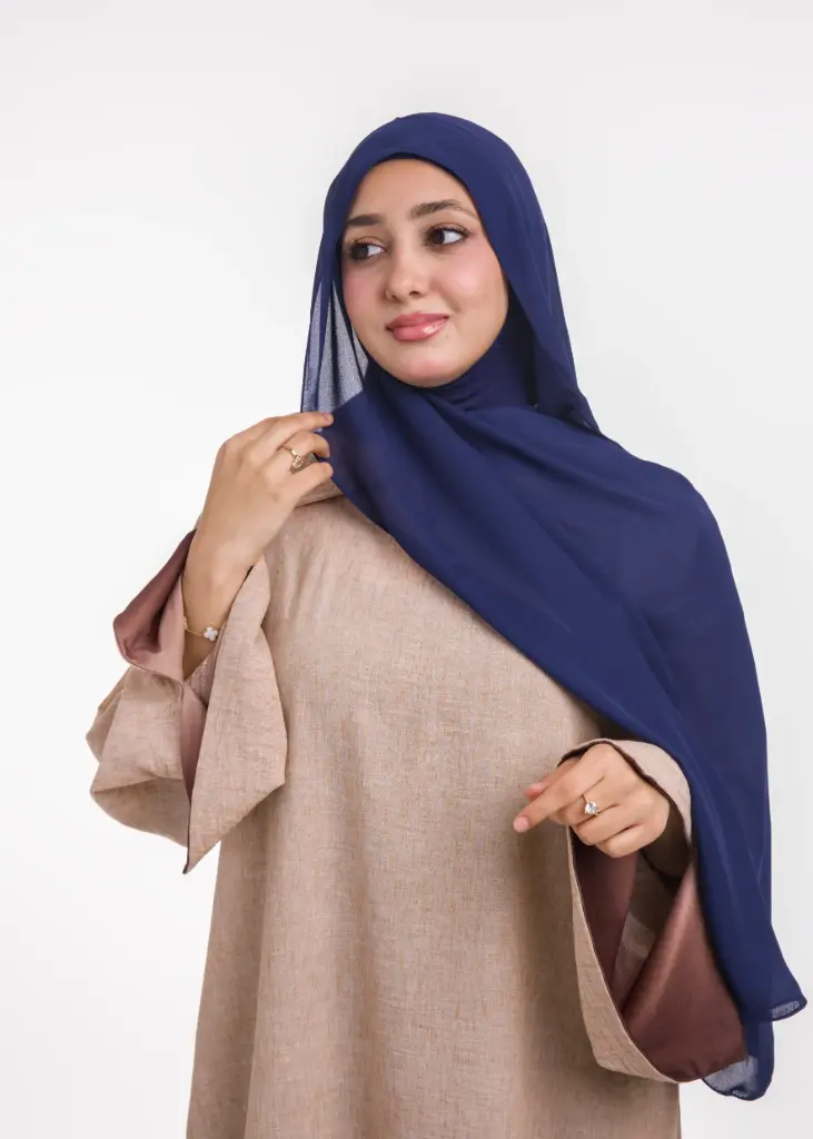 Châle en Crêpe avec Bonnet Ninja - Bleu Foncé (جديد)