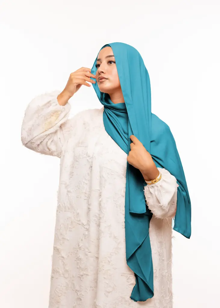 Crepe Shawl with Bonnet Tied at the Back - Turquoise