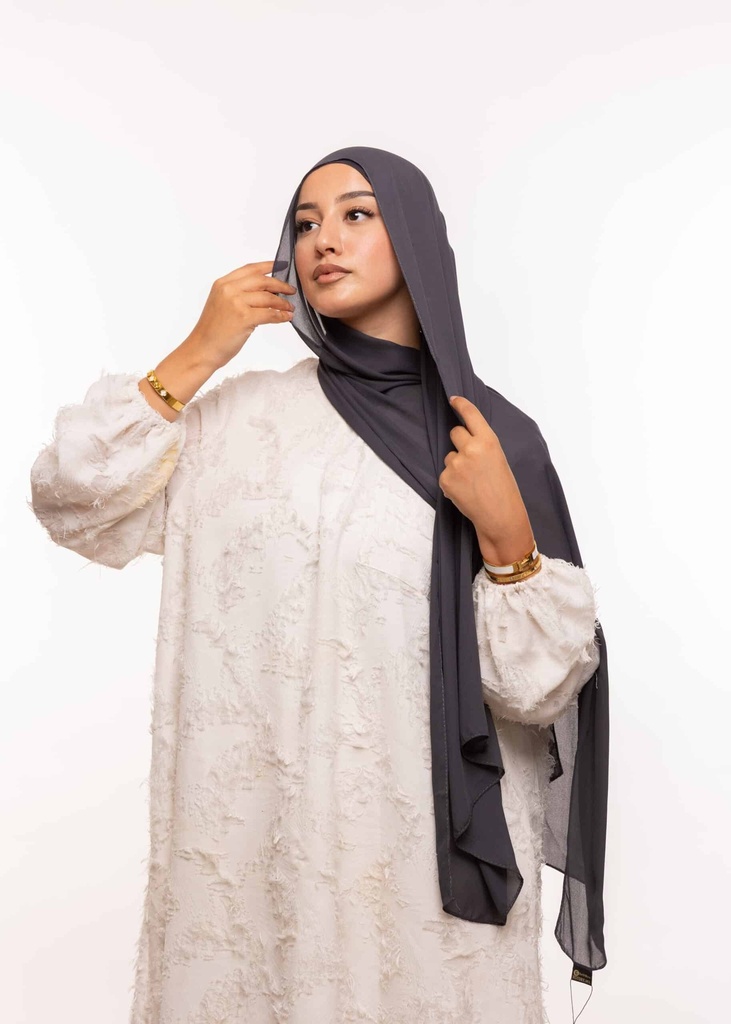 [PN-60056]  شال كريب بالبوني يربط من الخلف - رمادي داكن