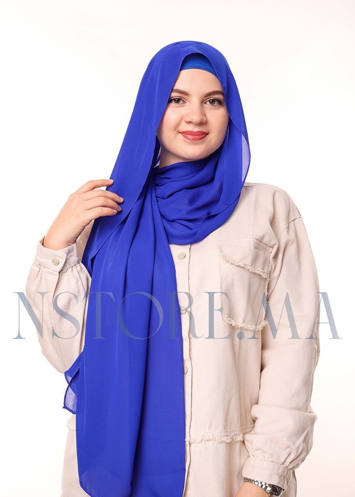 [PN-19494] Crepe Shawl with Bonnet Tied at the Back - Royal Blue